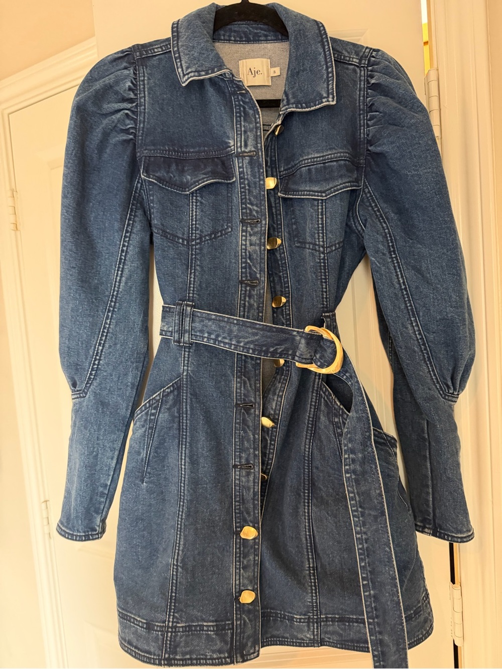 Aje Indigo Denim Mini Shirt Dress with Gold Buckle